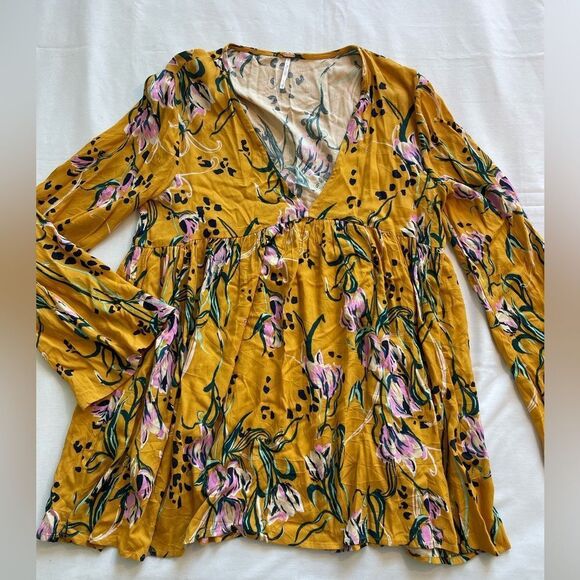Free People Women's Bella Golden Yellow Floral Tunic V Neck Mini Dress Size XS - Picture 2 of 7